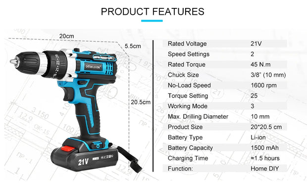 OTOOLSION 21V Electric Screwdriver Cordless Drill 2 Speed 25+3 Torque Impact Cordless Drill Lithium Ion Battery Power Tool