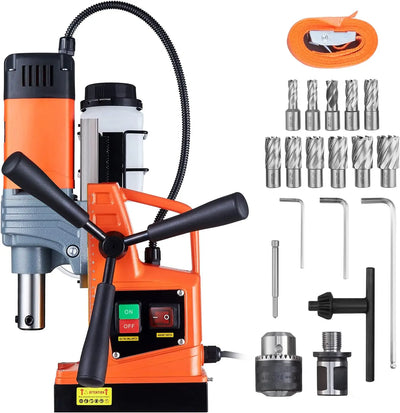 Mag Drill Press, 1300W 1.57" Boring Diameter, 2922lbf Power Portable Magnetic Drill, 810 PRM, 11Pcs Drill Bits Electric Drilling