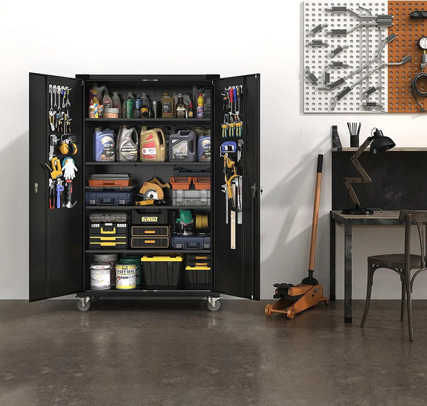 VINGLI Upgraded Wide & Deep Garage Storage Cabinet, Metal Storage Cabinet with Pegboards, Wheels, Locking Doors and Adjustable S