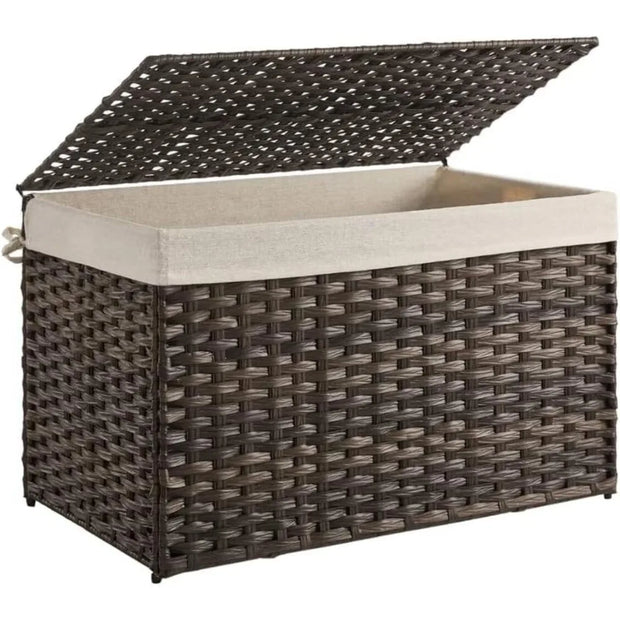 Storage Basket with Lid, 42.3 Gallon (160L) Storage Bin, Woven Blanket Storage Basket with Handles, Foldable, Removable Liner