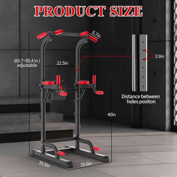 Power Tower Dip Station, Pull Up Bar Station & Multi-Function Gym Equipment Adujustable Height Up to 85.5",Load 350LBS