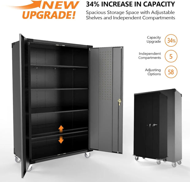 VINGLI Upgraded Wide & Deep Garage Storage Cabinet, Metal Storage Cabinet with Pegboards, Wheels, Locking Doors and Adjustable S