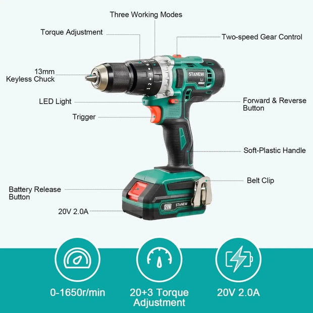 Cordless Hammer Drill Driver Set, Hammer Drill with 2 20V 2.0Ah Li-ion Battery, 1/2" Metal Keyless Chuck 2 Variable Speed