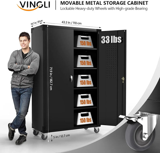 VINGLI Upgraded Wide & Deep Garage Storage Cabinet, Metal Storage Cabinet with Pegboards, Wheels, Locking Doors and Adjustable S