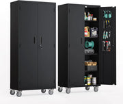 VINGLI Upgraded Wide & Deep Garage Storage Cabinet, Metal Storage Cabinet with Pegboards, Wheels, Locking Doors and Adjustable S