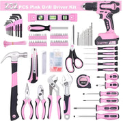 232-Piece 20V Pink Cordless Lithium-ion Drill Driver and Home Tool Set, Lady's Repairing Kit with 12-Inch Wide Mouth Open Storag