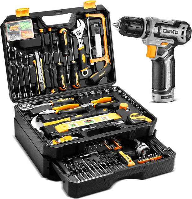 Home Mechanic Toolbox with 12V Power Cordless Drill Hand Repair Tools Sets Combo Kits Storage Organizer Drawer Case for Men