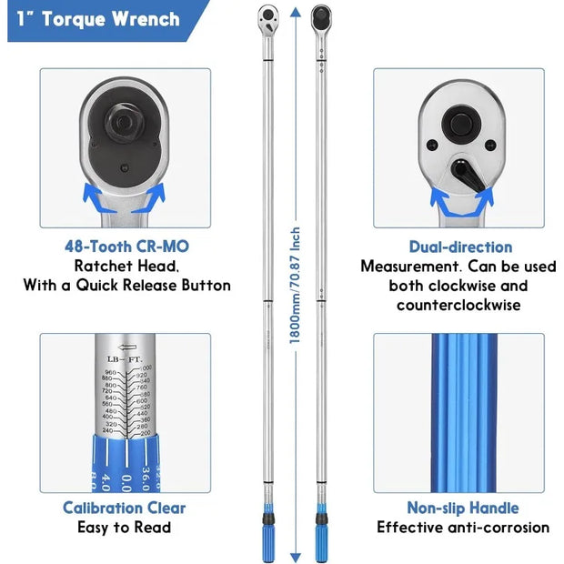 1-Inch Drive Click Torque Wrench, Dual-Scale Adjustable Torque Wrench Set with a Hex Key 200-1000ft.lb / 271-1356.7Nm