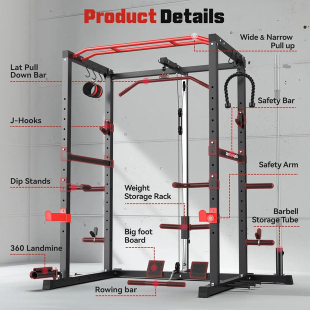 Power Rack, Multi-Functional  Cage with LAT Pulldown Pulley System, Squat More Training Attachments for Home Gym