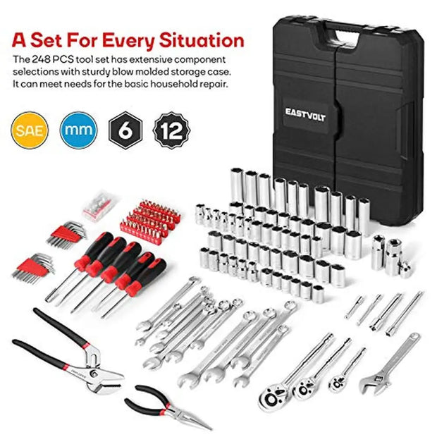 248 Piece Mechanics Tool Set Chrome Vanadium Forged SAE Metric Combination Wrenches Ratchets Pliers Screwdriver Bits Blow-Molded