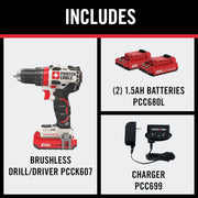 20V MAX Cordless Drill Driver Kit with 2 Batteries and Charger, 1/2 Inch (PCCK607LB)