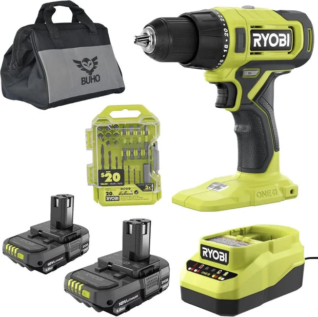 Cordless 1/2 inch Power Drill Driver Bundle with Ryobi Drill (2) 18-Volt Batteries Charger 20 Piece Multipurpose Drill Bit Set