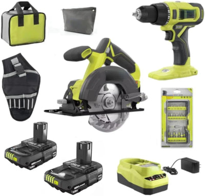 18-Volt Cordless 2-Tool Combo Bundle with Ryobi Drill & Circular Saw, (2) 1.5 Ah Batteries, Charger