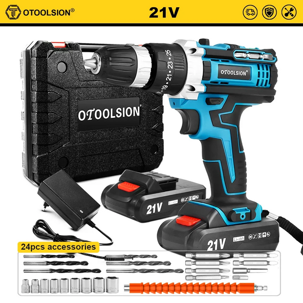 OTOOLSION 21V Electric Screwdriver Cordless Drill 2 Speed 25+3 Torque Impact Cordless Drill Lithium Ion Battery Power Tool