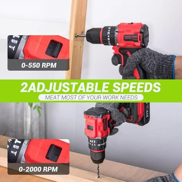 Cordless Drill/Impact Driver Combo Set 21V Brushless Electric Drill 20 3 Torque Settings w/ Battery Charger LED Light Home DIY