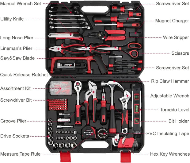 218-Piece Household  Kit, Repair Set, for Homeowner, Plier, Screwdriver , Socket and Toolbox Stor