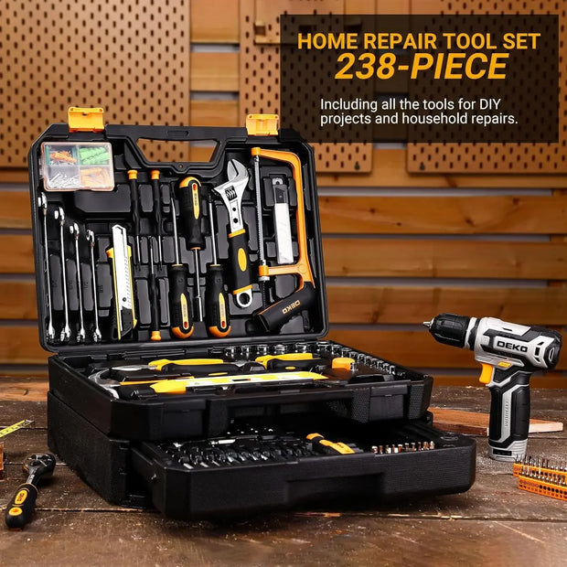 Home Mechanic Toolbox with 12V Power Cordless Drill Hand Repair Tools Sets Combo Kits Storage Organizer Drawer Case for Men