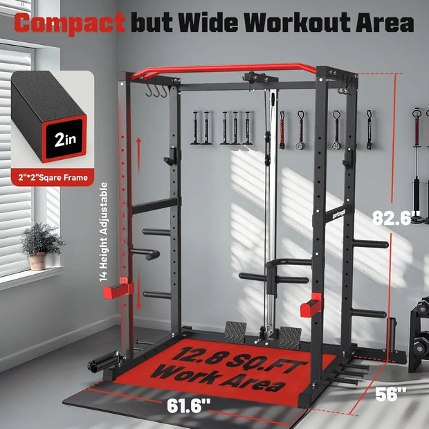 Power Rack, Multi-Functional  Cage with LAT Pulldown Pulley System, Squat More Training Attachments for Home Gym