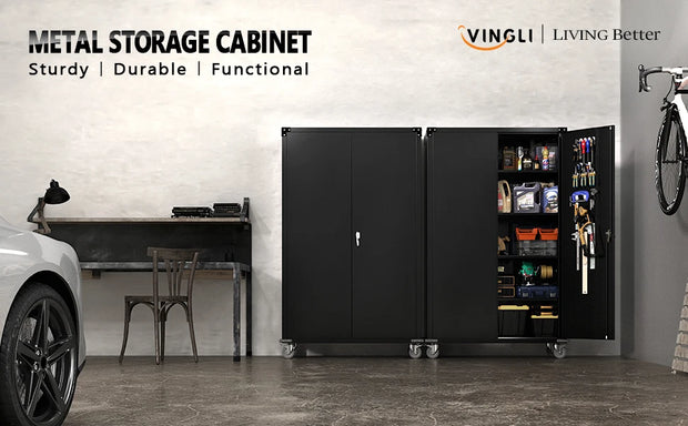 VINGLI Upgraded Wide & Deep Garage Storage Cabinet, Metal Storage Cabinet with Pegboards, Wheels, Locking Doors and Adjustable S