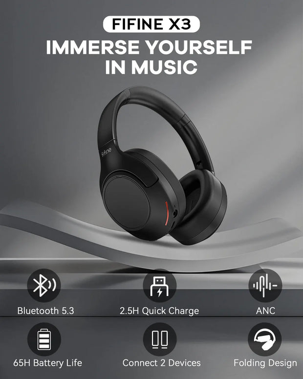 FIFINE Bluetooth wireless headset,Noise Canceling Headphones withe Transparency Mode,Deep Bass,Clear Calls,65H Playtime -X3