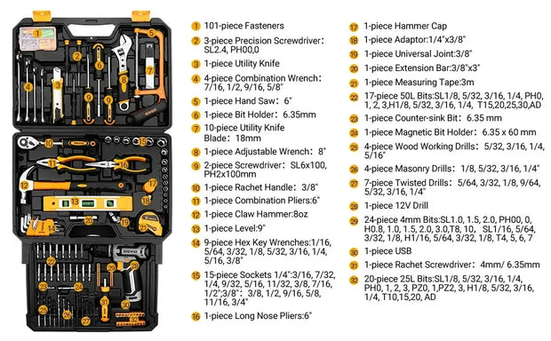 Home Mechanic Toolbox with 12V Power Cordless Drill Hand Repair Tools Sets Combo Kits Storage Organizer Drawer Case for Men