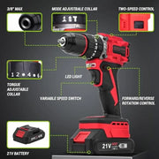 Cordless Drill/Impact Driver Combo Set 21V Brushless Electric Drill 20 3 Torque Settings w/ Battery Charger LED Light Home DIY