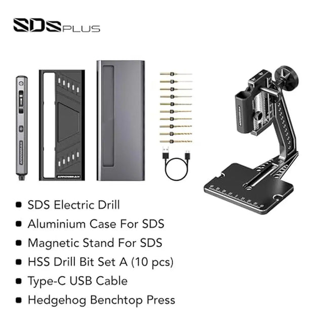 Electric Mini Drill Set Benchtop Press 10 Small Bits LED Lights OLED Display Aluminium Box Speed 4 Drill Pen Kit