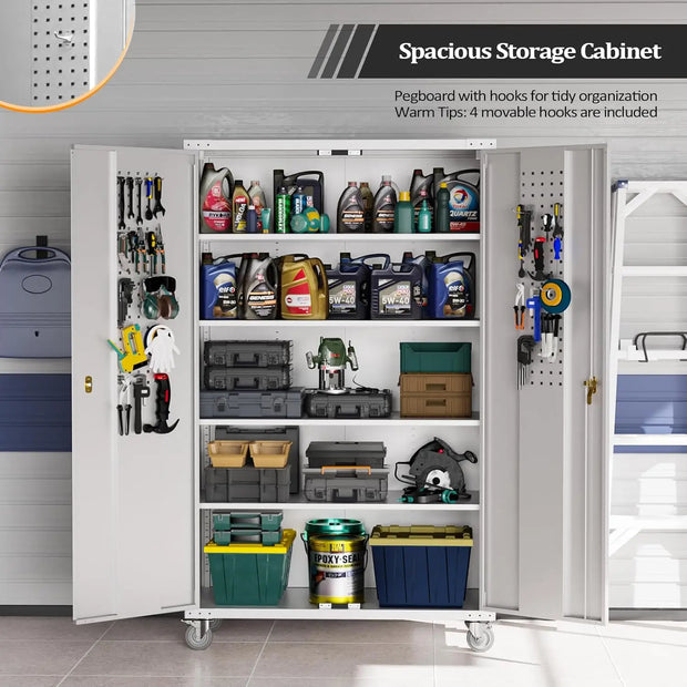 VINGLI Upgraded Wide & Deep Garage Storage Cabinet, Metal Storage Cabinet with Pegboards, Wheels, Locking Doors and Adjustable S