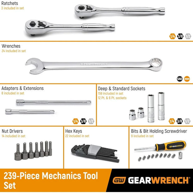 243 Pc. 6 Pt. Mechanics Tool Set In 3 Drawer Storage Box