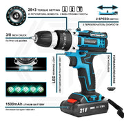 OTOOLSION 21V Electric Screwdriver Cordless Drill 2 Speed 25+3 Torque Impact Cordless Drill Lithium Ion Battery Power Tool