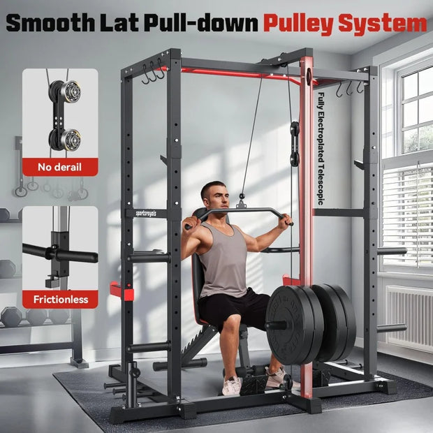 Power Rack, Multi-Functional  Cage with LAT Pulldown Pulley System, Squat More Training Attachments for Home Gym