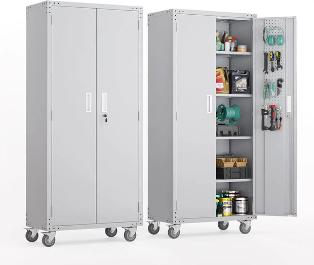 VINGLI Upgraded Wide & Deep Garage Storage Cabinet, Metal Storage Cabinet with Pegboards, Wheels, Locking Doors and Adjustable S