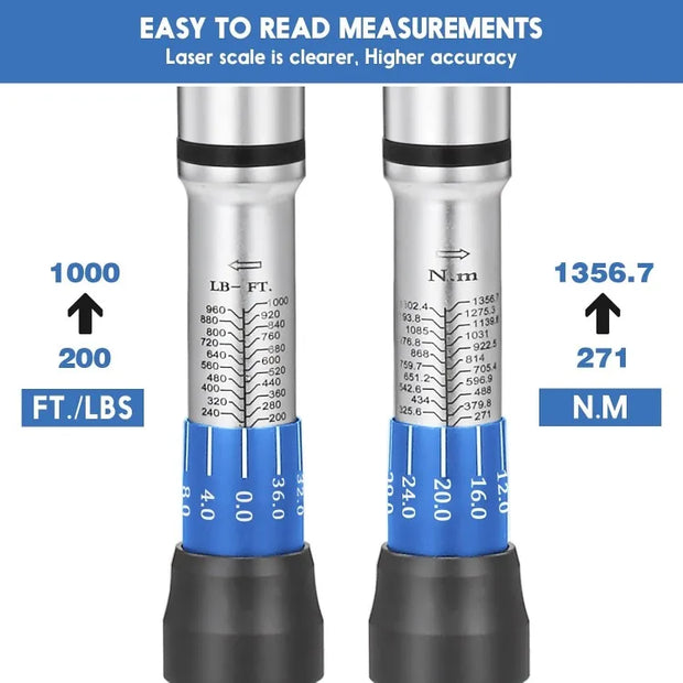 1-Inch Drive Click Torque Wrench, Dual-Scale Adjustable Torque Wrench Set with a Hex Key 200-1000ft.lb / 271-1356.7Nm