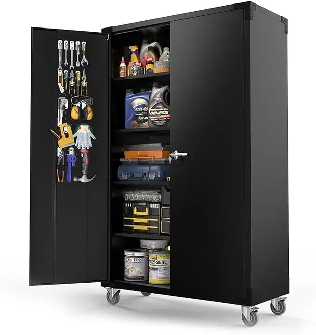 VINGLI Upgraded Wide & Deep Garage Storage Cabinet, Metal Storage Cabinet with Pegboards, Wheels, Locking Doors and Adjustable S