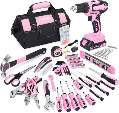 232-Piece 20V Pink Cordless Lithium-ion Drill Driver and Home Tool Set, Lady's Repairing Kit with 12-Inch Wide Mouth Open Storag