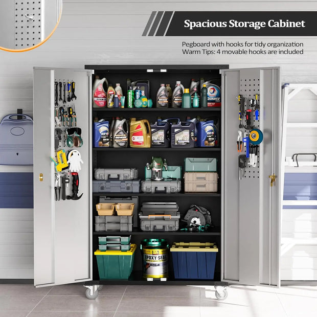 VINGLI Upgraded Wide & Deep Garage Storage Cabinet, Metal Storage Cabinet with Pegboards, Wheels, Locking Doors and Adjustable S