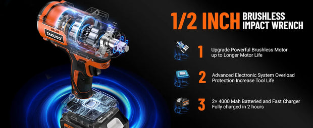 Impact Wrench High Torque, 1/2" 21V Brushless Impact Gun w/2x 4.0AH Battery Fast Charger, Electric Power Impact Wrench for Truck