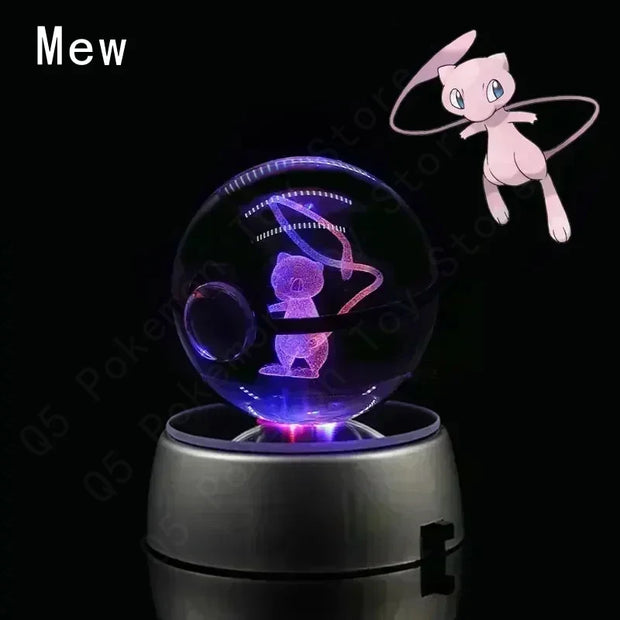 Pokemon 3D Crystal Ball Pikachu Gengar Mew Mewtwo Figurines Lamp Base Pokeball 3D Pokemon Glass Ball Statue Kids Birthday Gift