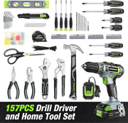 Home Tool Set with Power Drill, 157PCS Power Drill Sets with 20V Cordless Lithium-ion Drill Driver, Home Tool Kit for All Purpos