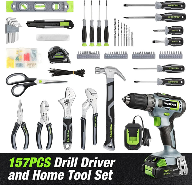 Home Tool Set with Power Drill, 157PCS Power Drill Sets with 20V Cordless Lithium-ion Drill Driver, Home Tool Kit for All Purpos