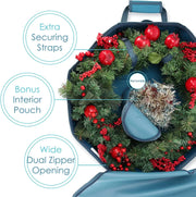 Interior Pockets, Dual Zipper and Handles-Premium Wreath Storage Organizer Box, 30", Blue