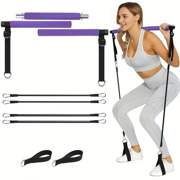 Pilates Bar Kit with Resistance Bands,3-Section Pilates Bar with Stackable Bands Workout Equipment for Legs,Hip,Waist and Arm,Ex