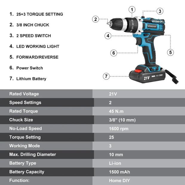 OTOOLSION 21V Electric Screwdriver Cordless Drill 2 Speed 25+3 Torque Impact Cordless Drill Lithium Ion Battery Power Tool