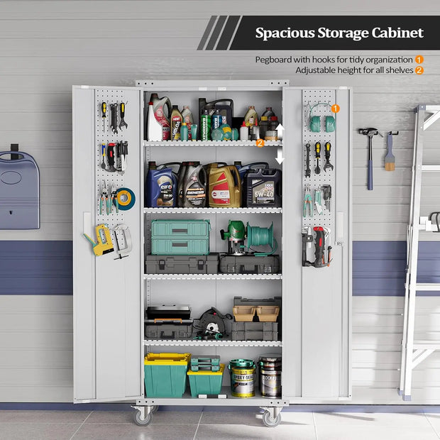 VINGLI Upgraded Wide & Deep Garage Storage Cabinet, Metal Storage Cabinet with Pegboards, Wheels, Locking Doors and Adjustable S