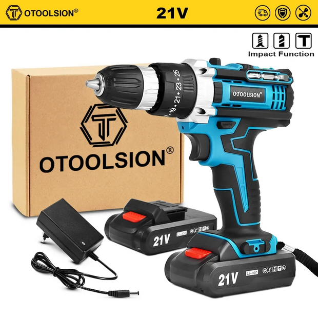 OTOOLSION 21V Electric Screwdriver Cordless Drill 2 Speed 25+3 Torque Impact Cordless Drill Lithium Ion Battery Power Tool