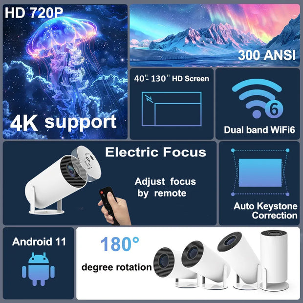 DITONG HY300 Plus Projector Android 4K 1280*720P Dual Wifi 300ANSI Video Cinema Outdoor Portable  home hd led HY300 Pro Projetor