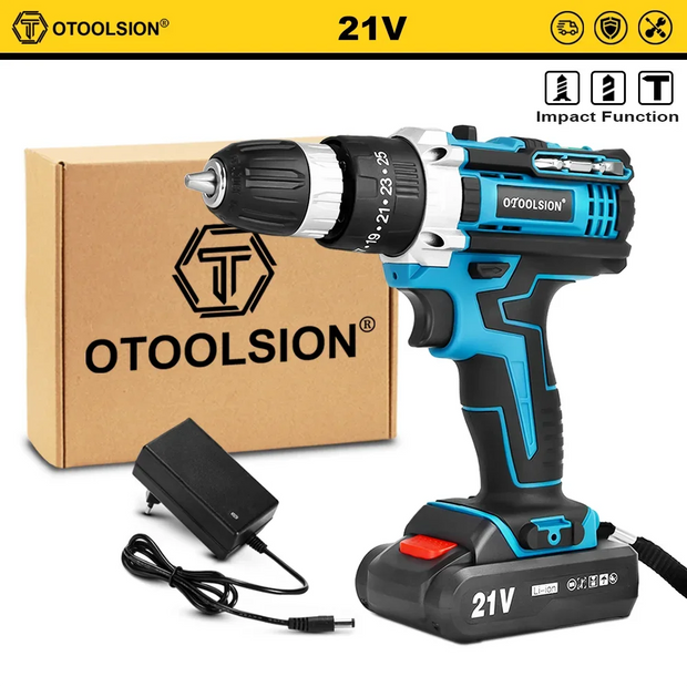 OTOOLSION 21V Electric Screwdriver Cordless Drill 2 Speed 25+3 Torque Impact Cordless Drill Lithium Ion Battery Power Tool