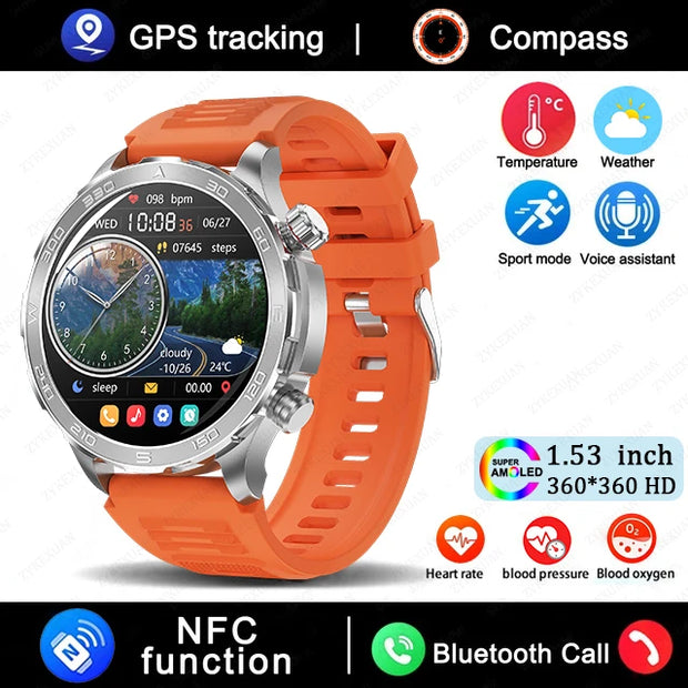 2024 New Bluetooth Call Smart Watch Men For Huawei AMOLED HD Large Screen Heart Rate NFC IP68 Waterproof GPS Sports Smart Watch