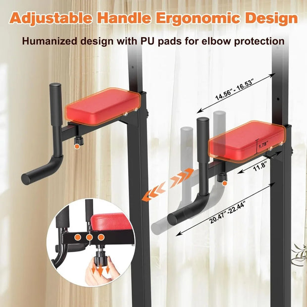 Power Tower Pull Up Bar Dip Station for Home Gym Adjustable Height Strength Training Workout Equipment