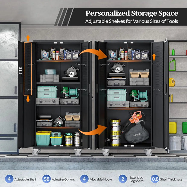 VINGLI Upgraded Wide & Deep Garage Storage Cabinet, Metal Storage Cabinet with Pegboards, Wheels, Locking Doors and Adjustable S